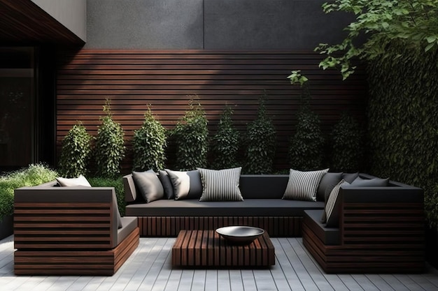 Modern terras met modern tuinmeubilair gemaakt van donker houten materiaal gemaakt met generatieve ai