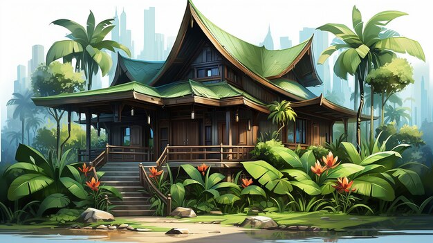 Modern Thai Style Wooden House with Banana Trees
