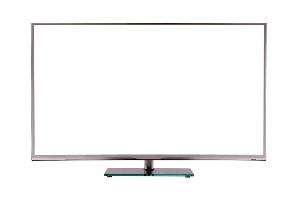 Moderna tv lcd al plasma sottile su un supporto in vetro nero argento isolato