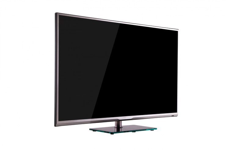 Photo modern thin plasma lcd tv on a silver black glass stand isolated