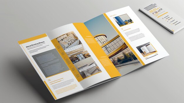 Photo a modern threefold brochure with yellow and white color scheme the brochure is opened and laying on a solid surface