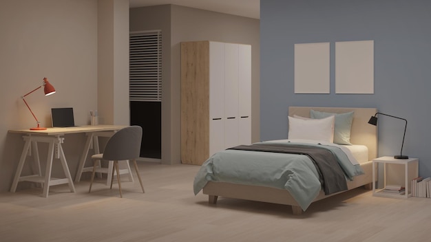 Modern tienerkamerinterieur met werkplek en bed Nacht Avondverlichting 3D-rendering