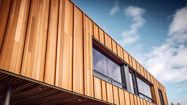 Photo modern timber clad building with an upward view to a cloudy blue sky generative ai