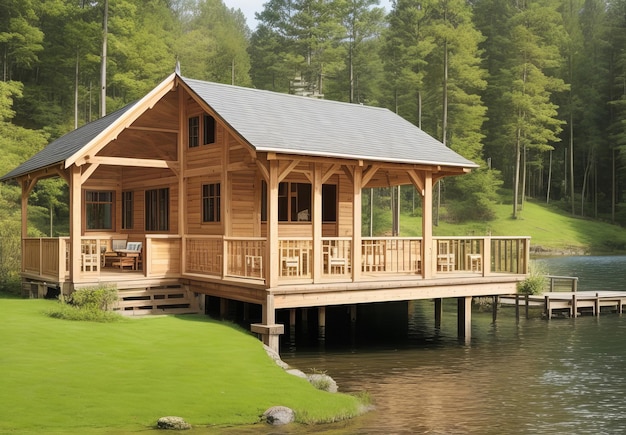 modern tiny house near lake with terrace hanging over water scandinavian style some nice trees in