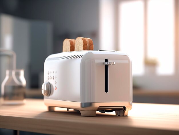 Современный тостер с хлебом на столе в кухне 3d renderingAI Generated
