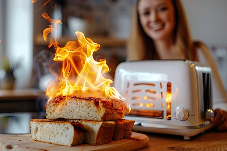 Фотография современный тостер с кусочками сожженного хлеба и размытой женщиной на заднем плане