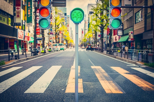 写真 交通信号の現代東京街の背景