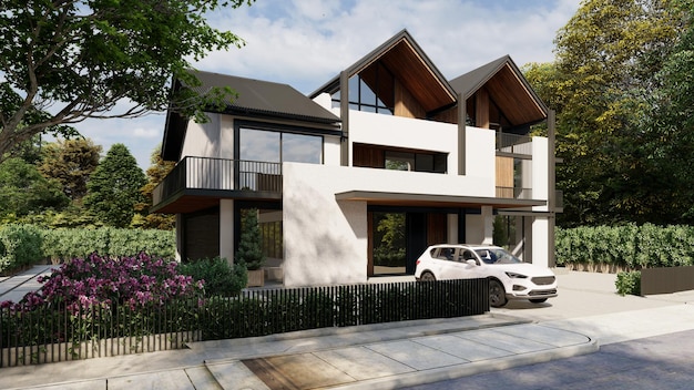 Modern townhouse with parking, 3d render.