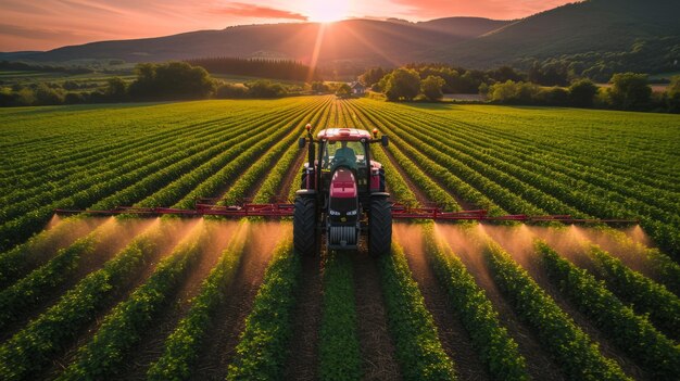 Foto moderno trattore che spruzza terreni agricoli