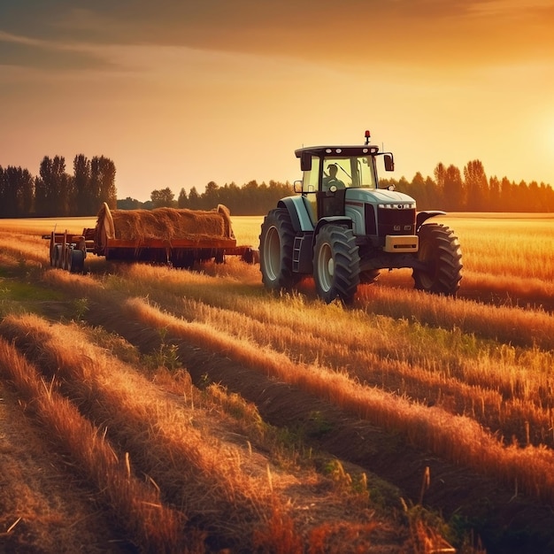 Modern Tractor Sunset Field Work Generative AI