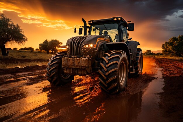 Modern tractor working in the countryside