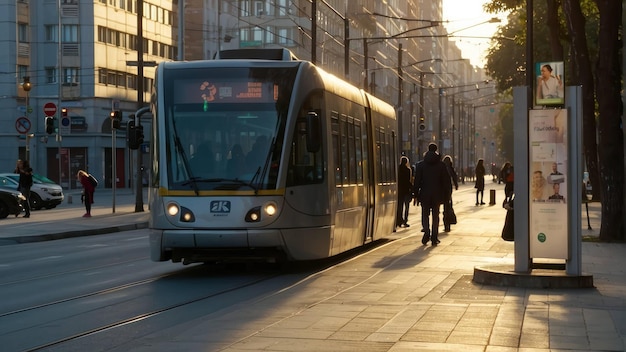 Photo modern tram on city street at sunset