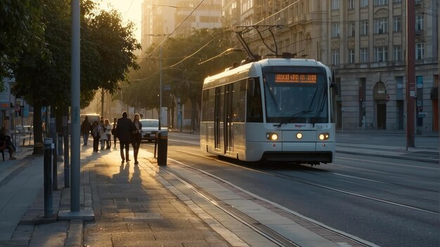 Photo modern tram on city street at sunset