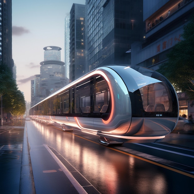 a modern tram is driving down the street in the city.