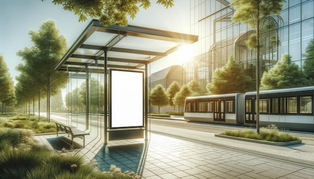 Photo modern tram stop with a blank billboard in a green urban environment sustainable transport advertising concept generative ai