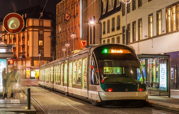 Modern tram on at Strasbourg city center. France, Alsace