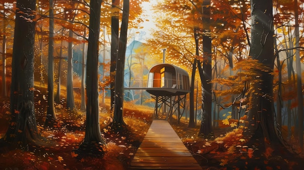 Modern treehouse amidst an autumnal display in a hyperrealistic oil painting with sunkissed leaves and a wooden path Private retreats