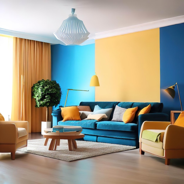 modern trendy apartment in yellow and blue colors Ai generated illustration