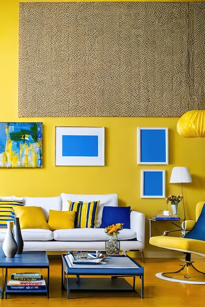 modern trendy apartment in yellow and blue colors Ai generated illustration