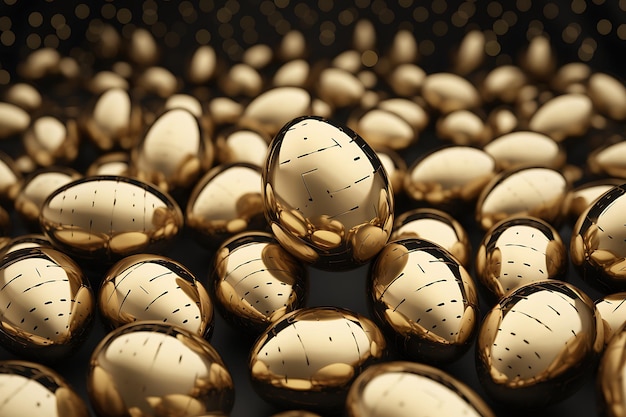 Modern trendy golden metallic shiny typography happy easter on a background of easter eggs