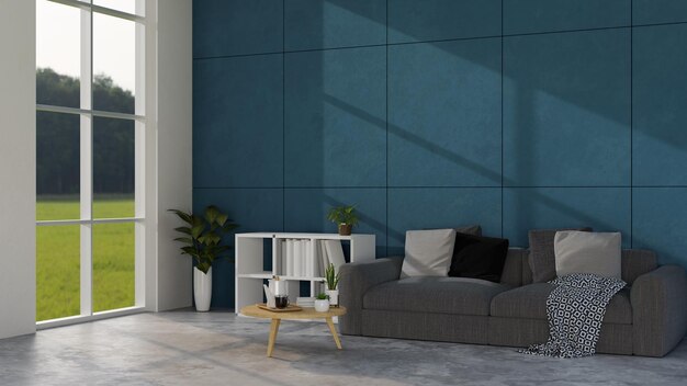 Modern trendy living room interior with sofa bookcase wood coffee table and blue wall