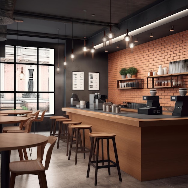 Modern trendy loft style coffee shop interior with wooden counter tables and stools red brick accent