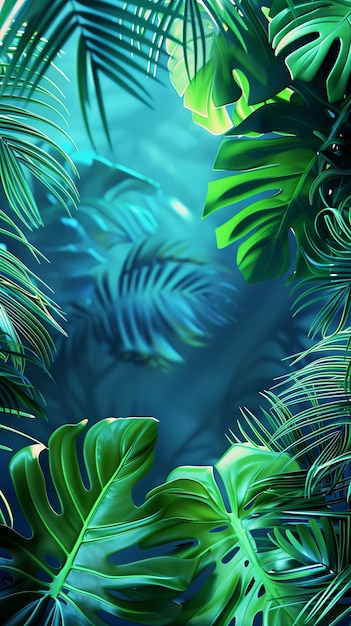 Modern trendy neon glowing light with neon green palm tropical leaves on a blue background