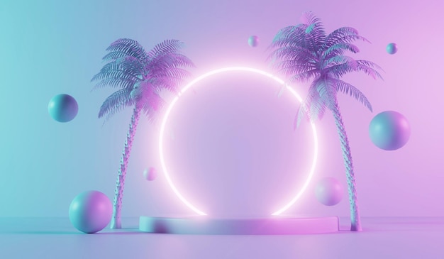 Modern trendy neon glowing light with tropical palm trees 3D Rendering