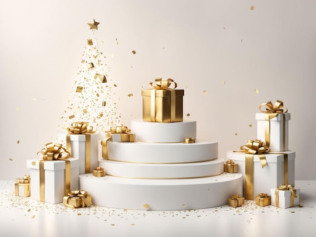 Modern Trendy White And Golden Podium Stage With Gift Boxes And Confetti New Year Christmas Bi