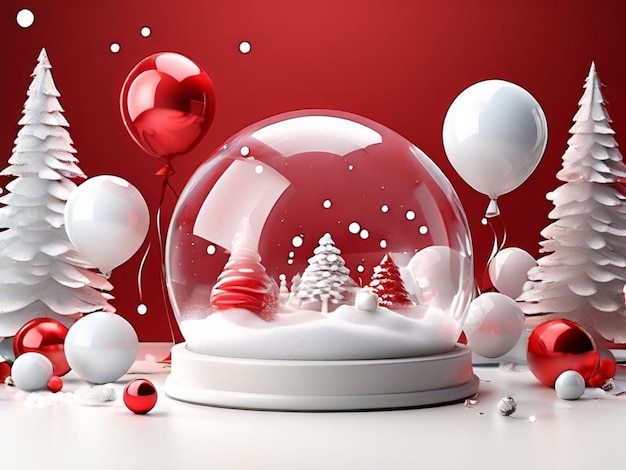 Modern Trendy White And Red Christmas Snow Globe Display And Balloons With Santa Hat Empty Space N