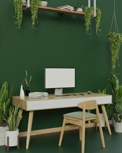 Modern trendy workspace with a computer on a minimal wooden desk against the green wall