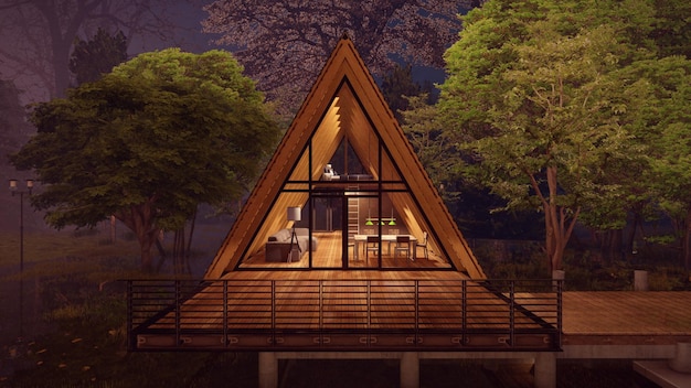 Modern triangle home design concepts forest background night view light on 3d illustration