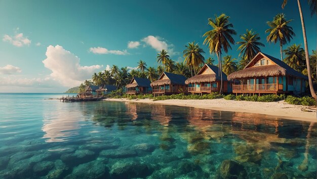 Foto bungalow tropicale moderno con tetto di paglia sulla spiaggia con palme vicino al mare affitto di alloggio in un viaggio una vacanza appartata in un bungalow separato generato dall'ai