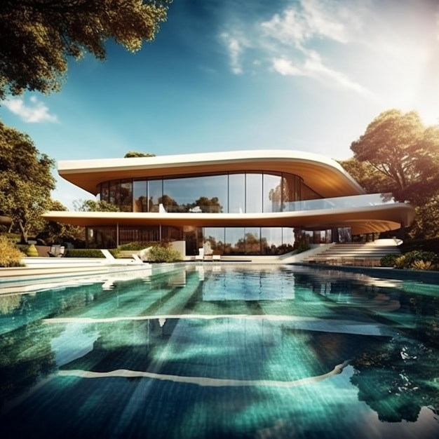 Modern tropical landscape house with swimming pool pictures AI Generated art