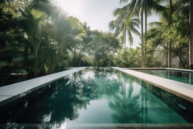 Modern tropical pool elegant deck and tall palm trees generative IA