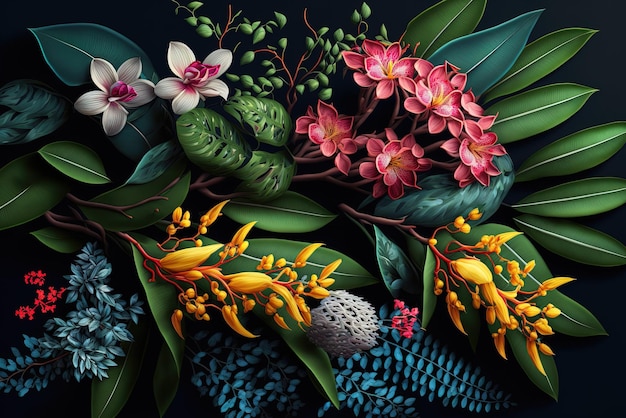 Modern tropisch bloemenpatroon Collage eigentijds naadloos patroon Hand getekend cartoon stijl patroon levendige generatieve AI