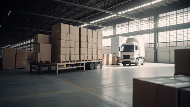 Photo modern truck filled with shipping boxes in a warehouse bay logistics and delivery generative ai