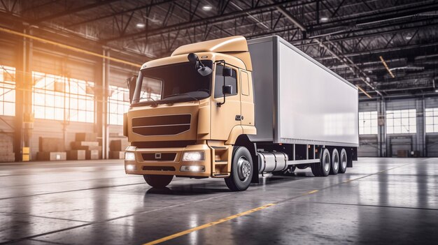 Modern truck filled with shipping boxes in a warehouse