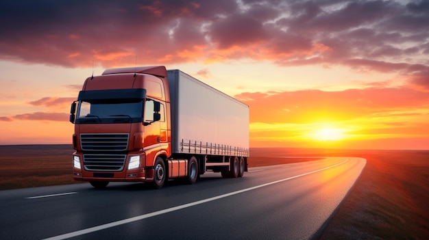 Modern truck with fast road on highway in evening sunset sky Generative AI