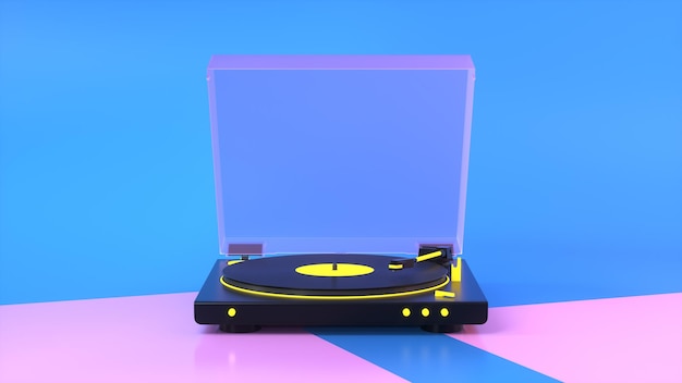 Modern turntable with vinyl record on Blue Pink Background Banner for dj poster or music event