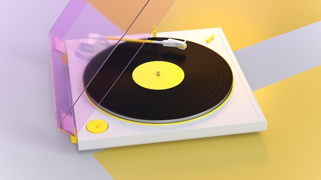 Modern turntable with vinyl record on White Yellow Background Banner for dj poster ord music event