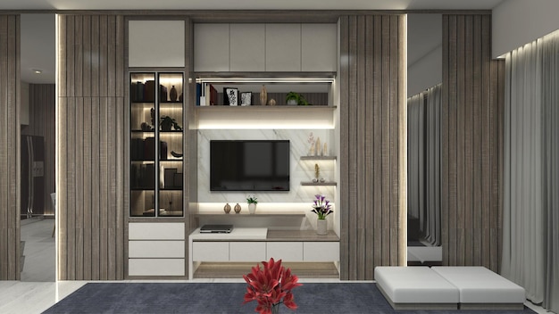 Modern Tv Cabinet Design with Showcase Display and Wall Paneling