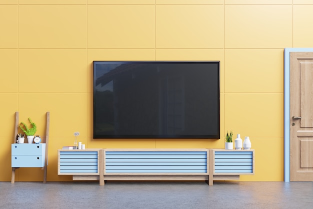 Modern tv stand design with yellow wall in the room decoration.