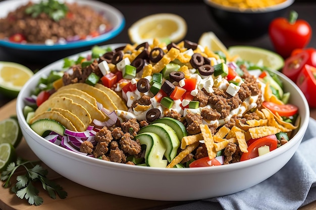 A modern twist on a classic dish a taco salad with layers of crispy tortilla and of fresh vegetables