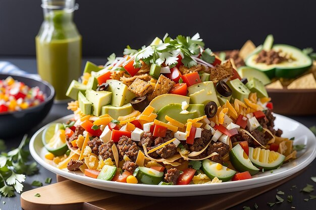 Photo a modern twist on a classic dish a taco salad with layers of crispy tortilla and of fresh vegetables