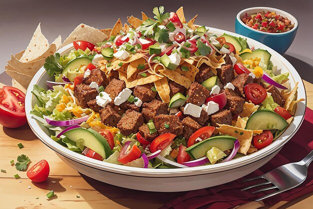 A modern twist on a classic dish a taco salad with layers of crispy tortilla and of fresh vegetables