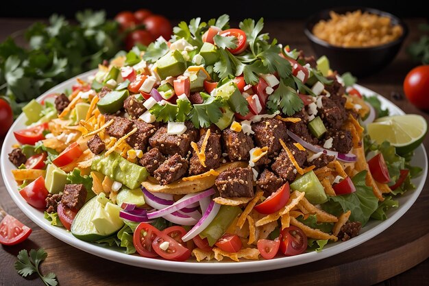 A modern twist on a classic dish a taco salad with layers of crispy tortilla and of fresh vegetables