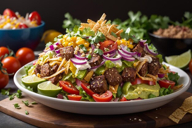 A modern twist on a classic dish a taco salad with layers of crispy tortilla and of fresh vegetables