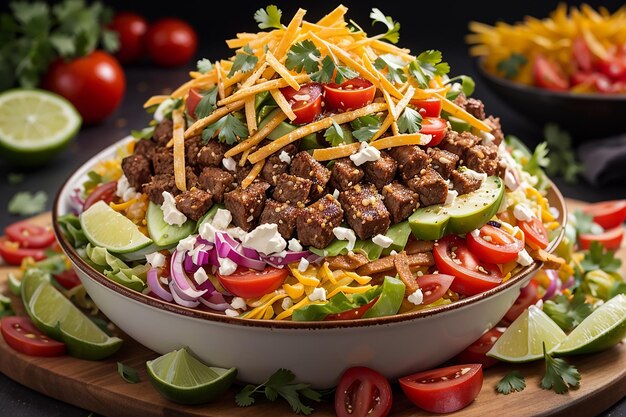 A modern twist on a classic dish a taco salad with layers of crispy tortilla and of fresh vegetables