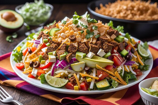 A modern twist on a classic dish a taco salad with layers of crispy tortilla and of fresh vegetables